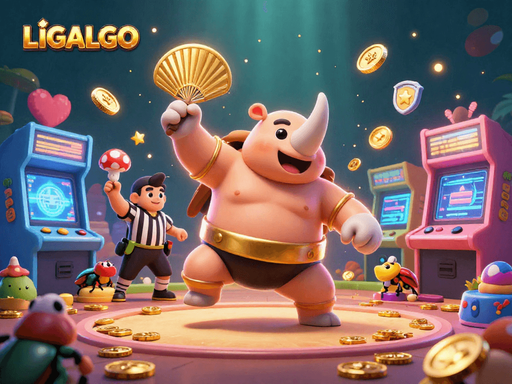 LIGALGO showcases a dynamic battle of a beetle champion among vibrant casino elements, immersing players in engaging sport.