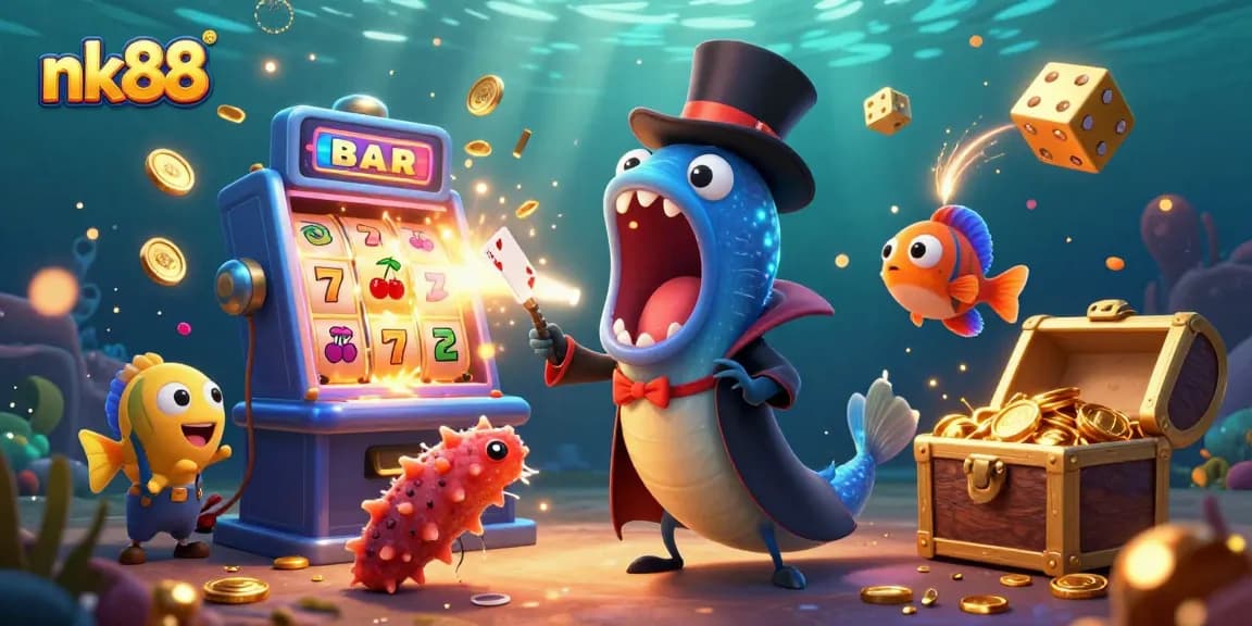 Experience nk88 gaming excitement with captivating deep-sea characters and vibrant casino elements.