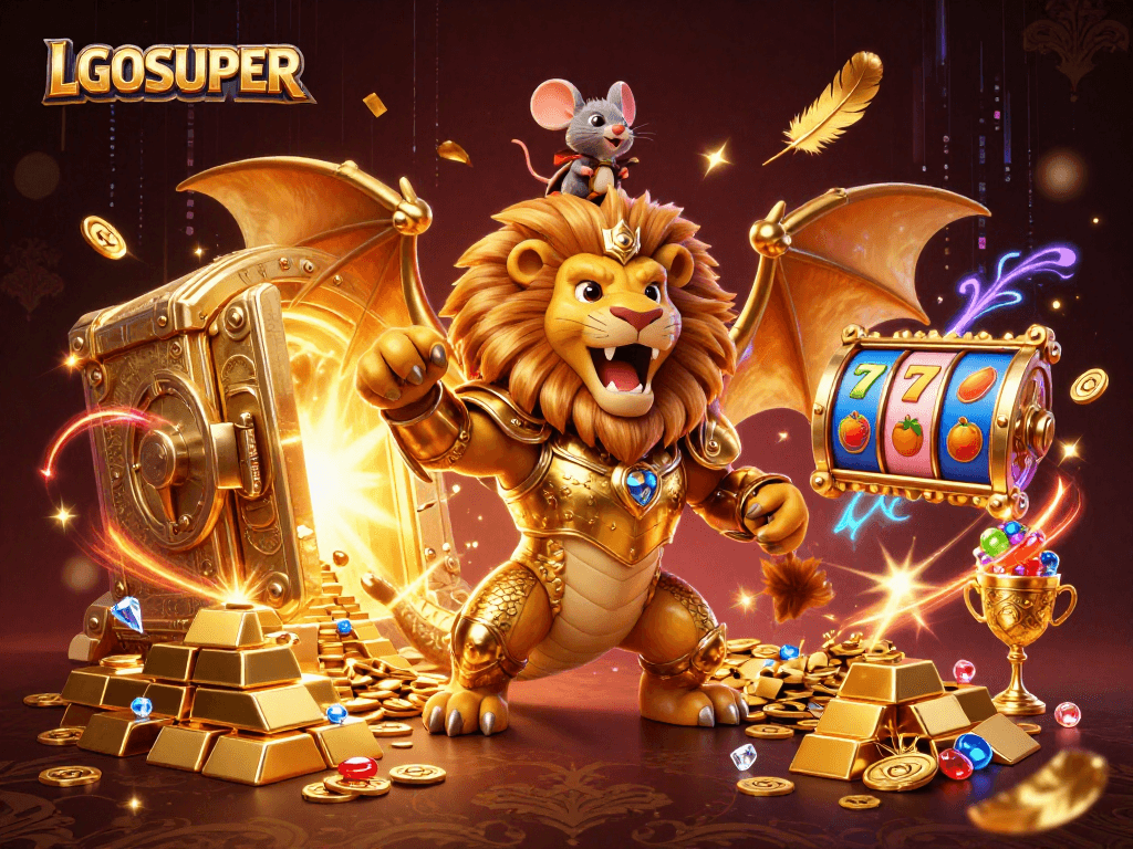 Engage in thrilling gameplay at LGOSUPER with vibrant slot reels and golden treasure elements.