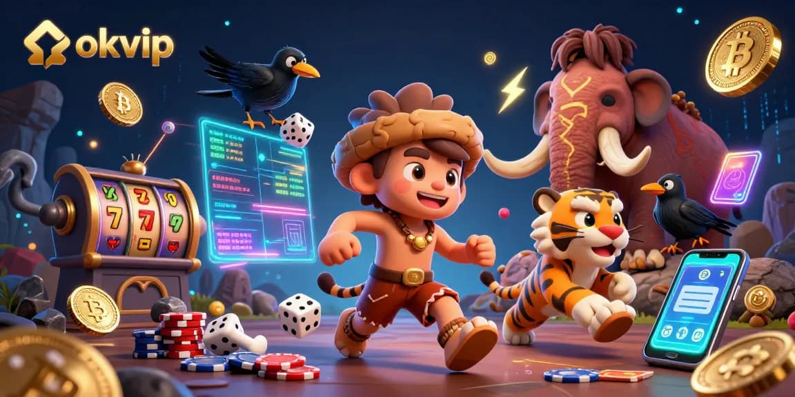 okvip interactive casino scene featuring a caveman duo and sabertooth tiger playing games with engaging neon effects