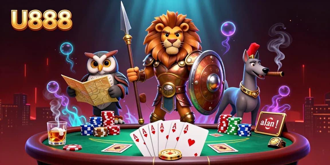 Engage in exciting games at U888, showcasing a Spartan lion and owl amidst vibrant gambling elements.