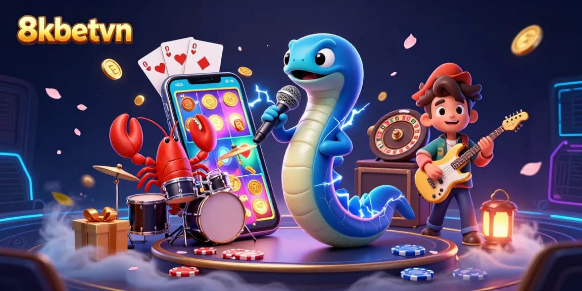 Experience thrilling gaming at 8kbetvn with a vibrant underwater casino scene featuring an electric eel DJ.