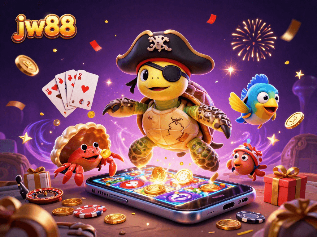 Experience the thrill of jw88 with a vibrant scene of a pirate turtle and casino elements!