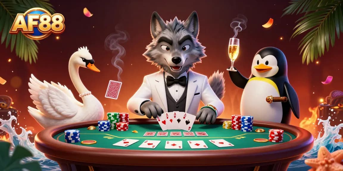 Experience excitement at AF88 with a vibrant scene of a debonair wolf, elegant swan, and penguin sommelier in a lively casino atmosphere.
