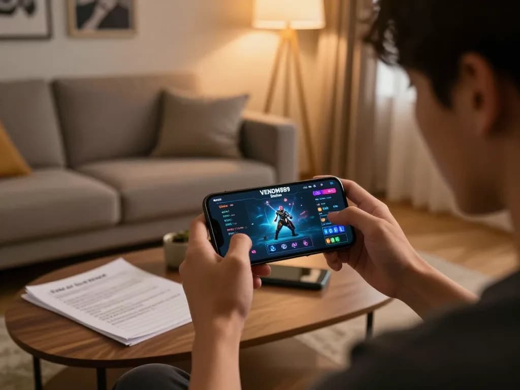 Engaging player enjoying the strategic elements of VENOM889 Datfar game on mobile device in a comfortable home setting.