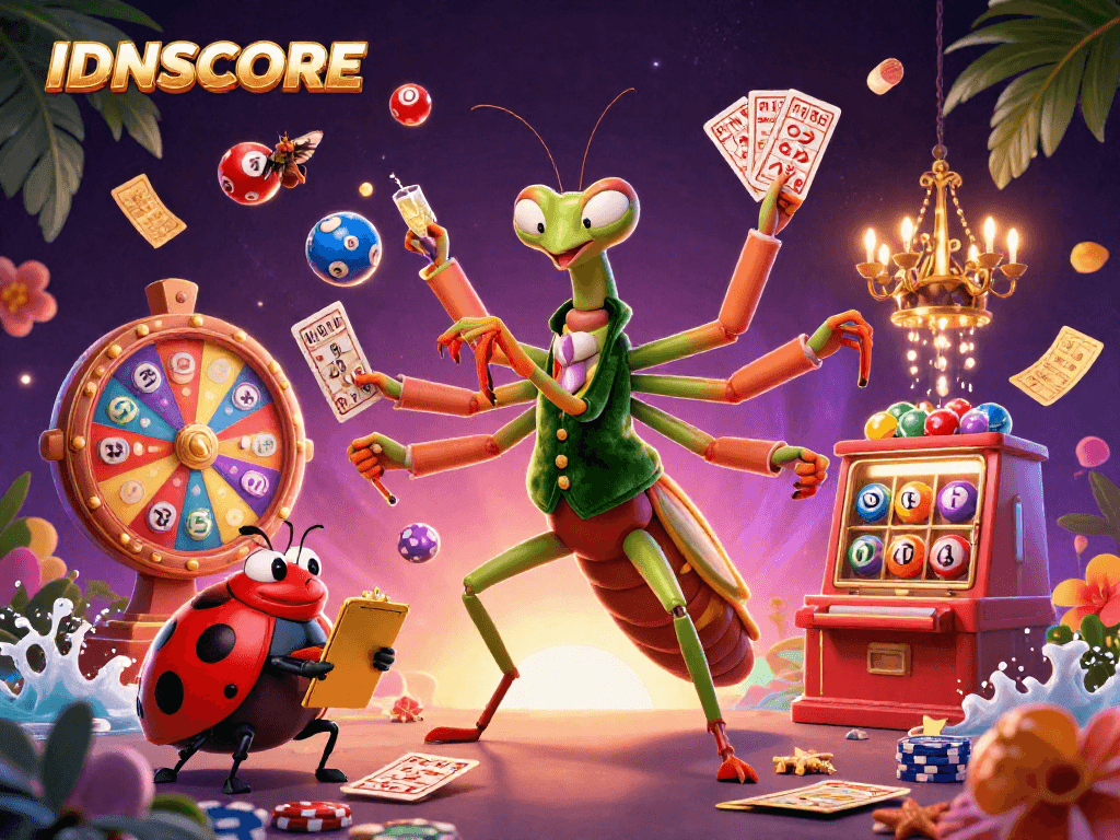 IDNSCORE promotes excitement at the slot machines with a vibrant casino scene featuring lively characters and dynamic elements.