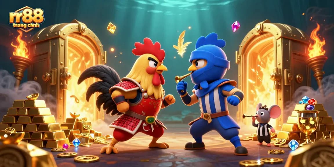 Engage in thrilling action on rr88 trang chính with dynamic roosters facing off over treasure.