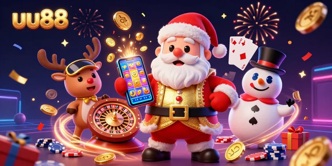 Experience the excitement of uu88 with Santa and friends showcasing casino games and jackpots in a vibrant illustration.
