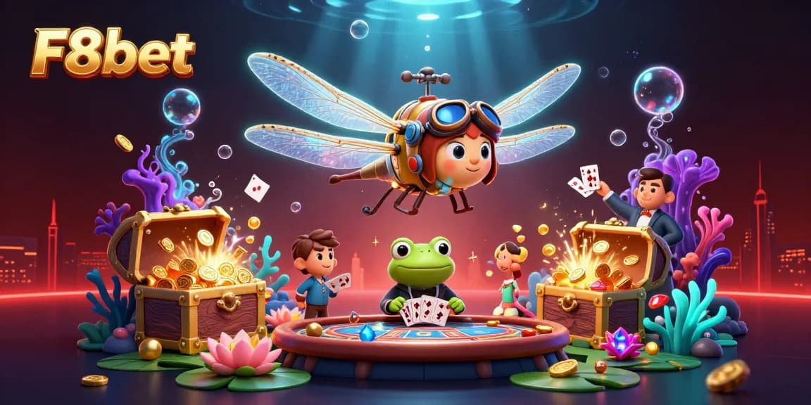 Experience F8bet's vibrant casino scene with dynamic characters, captivating game elements, and underwater treasures.