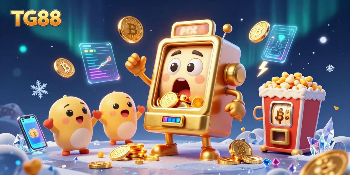 Experience the excitement of TG88's slot games as golden coins spill from a lucky machine amidst dazzling cryptocurrency elements.