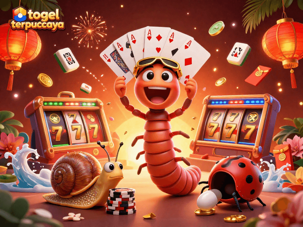 Experience vibrant action with togel terpercaya as a cartoon millipede dealer holds cards amidst spinning slot reels and gold coins.