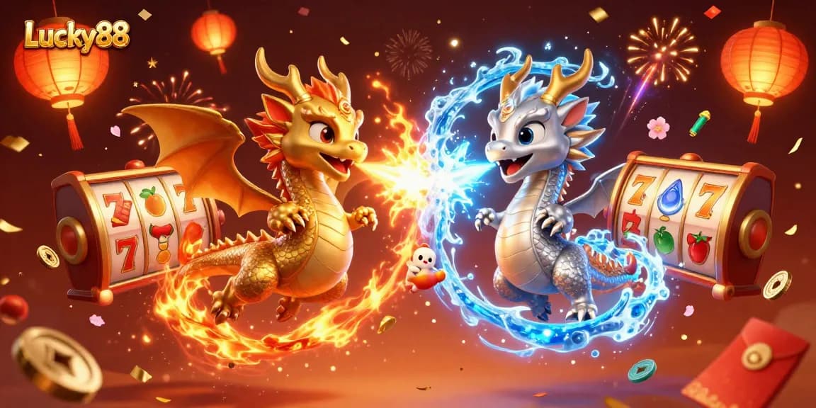 Experience the thrilling world of Lucky88 with dynamic slot reels and swirling dragon magic.