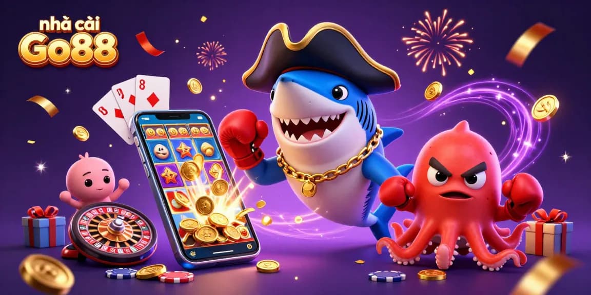 Engage with nhà cái Go88 featuring a pirate shark, pufferfish, and octopus in a festive casino scene
