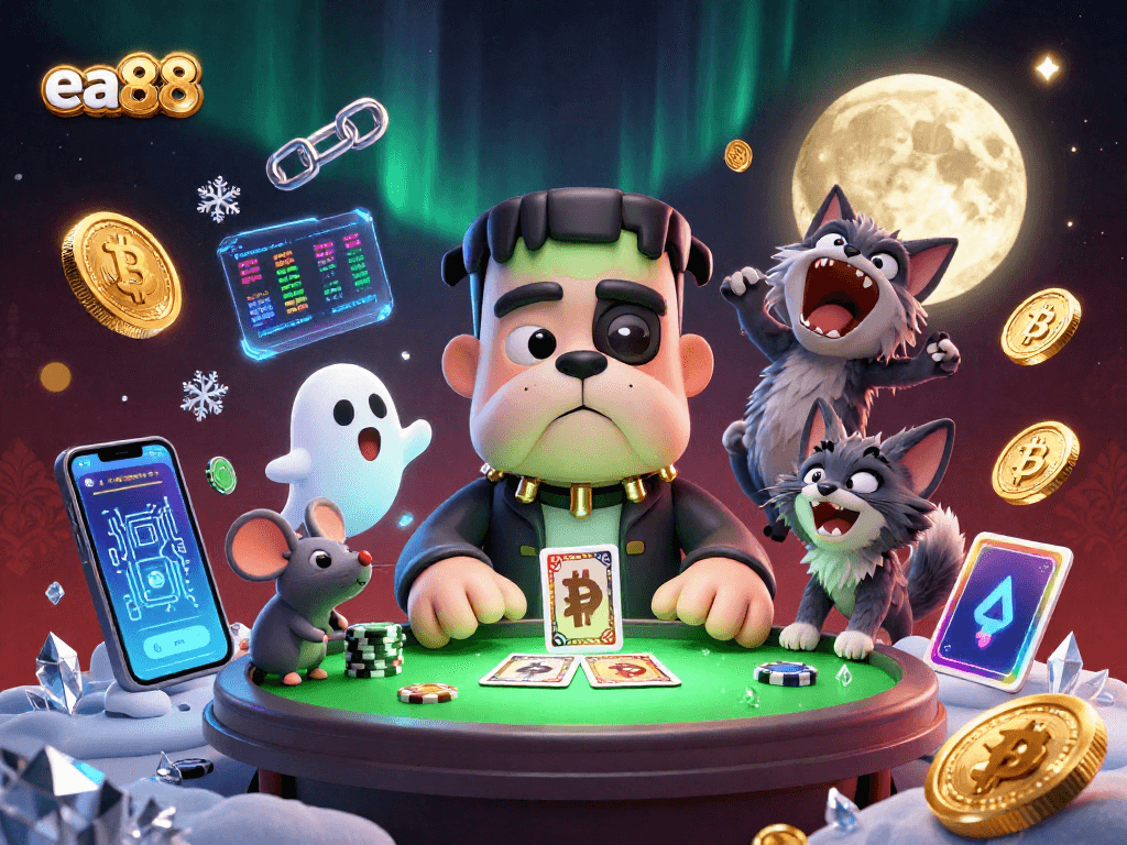 ea88 engages players with a monster dealer in a lively casino scene filled with crypto coins.
