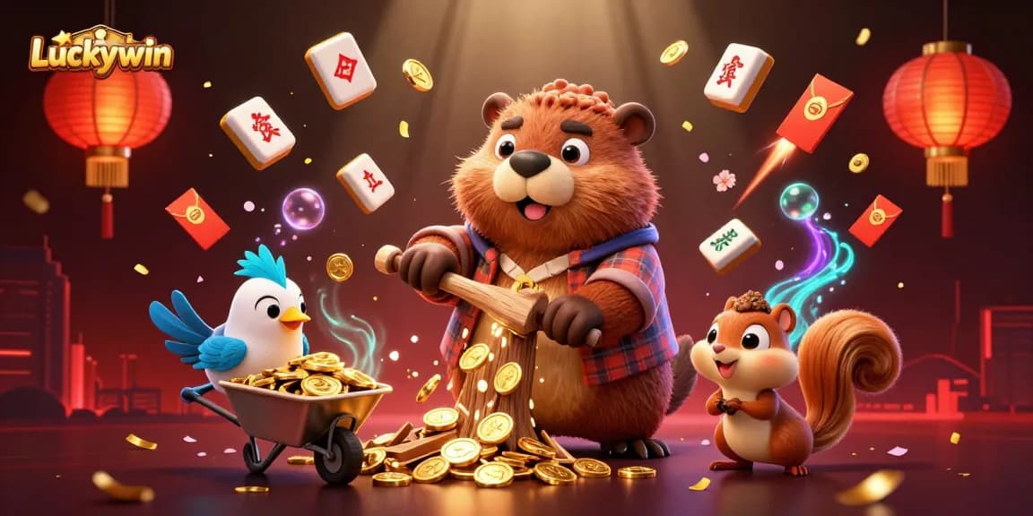 Engage the gaming adventure with Luckywin as a beaver collects gold coins amidst vibrant casino elements.