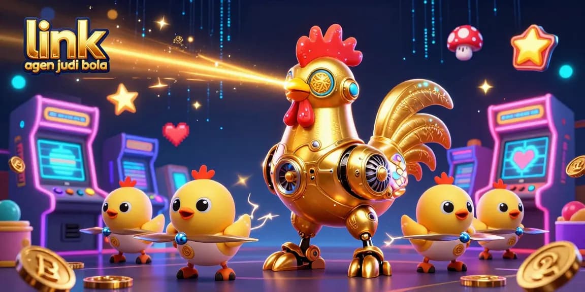 Play link agen judi bola with a golden robot and vibrant gaming elements in a dynamic 3D scene.