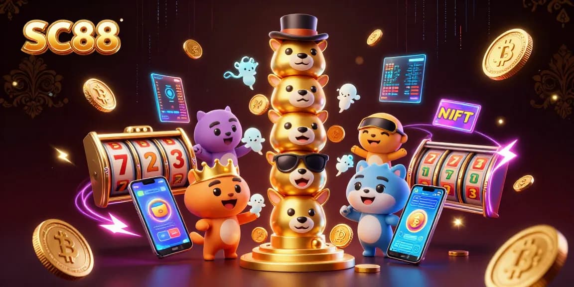 Win big with SC88's vibrant 3D casino illustration, showcasing dynamic gaming elements and crypto excitement.