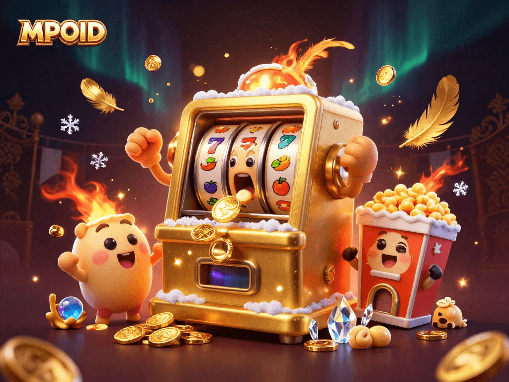 MPOID's exciting slot machine scene with golden coins and baby machines celebrating a jackpot.