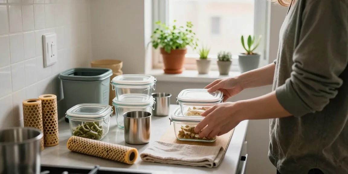 Zero waste kitchen setup for small American apartments with organized glass storage, cloth towels, and composting bin in a cozy apartment.