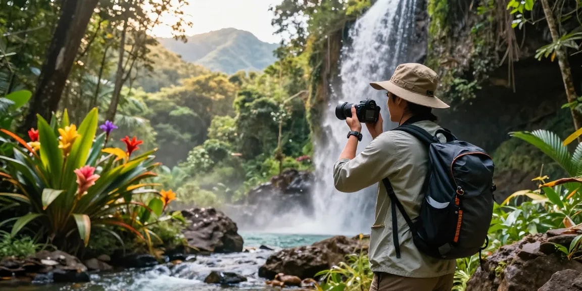 Traveler capturing top underrated travel destinations at a hidden waterfall