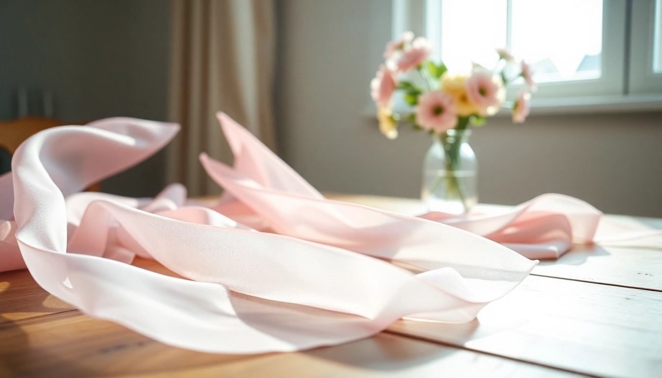 Chiffon stof mooi gedrapeerd op een tafel met pastelkleuren en bloemen op de achtergrond.