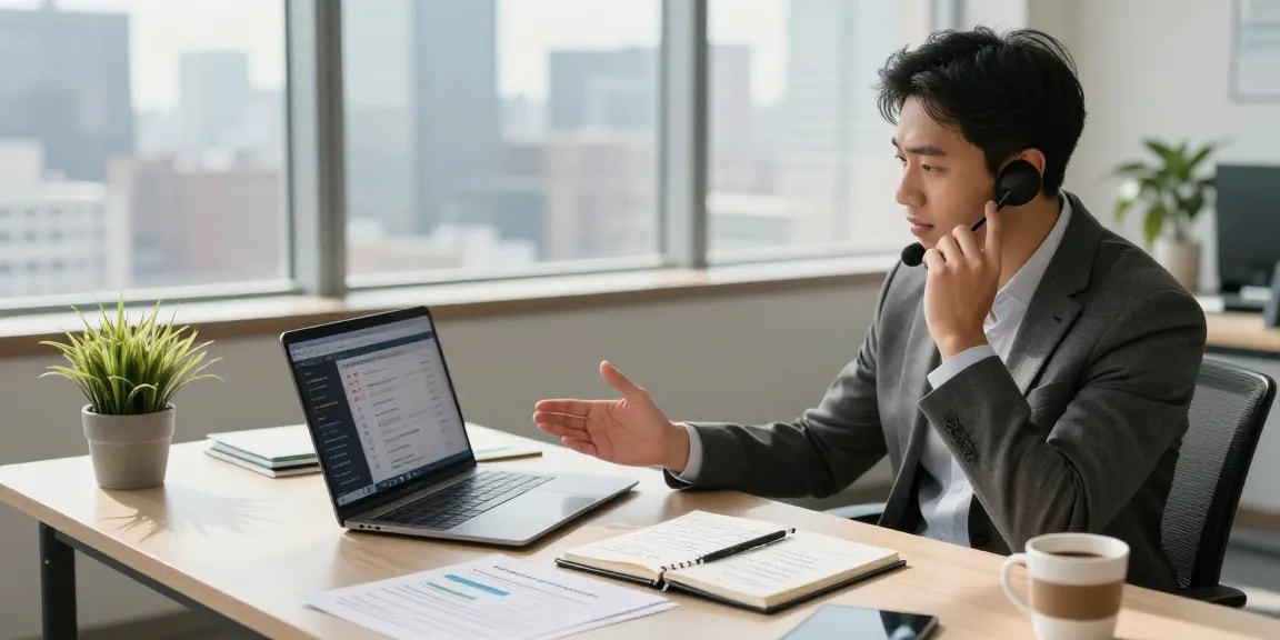 Engaged financial consultant discussing live transfer merchant cash advance leads with a client in a modern office setting.