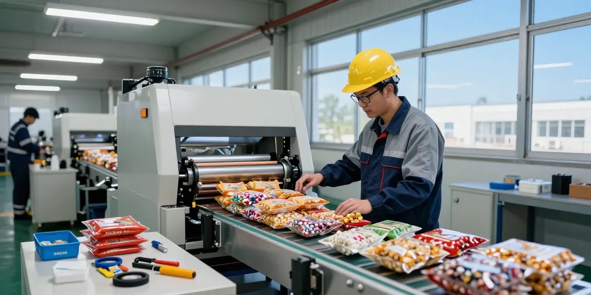 Flow wrapper machine packaging snacks in an industrial factory setting, showcasing efficiency and precision in machine operation.