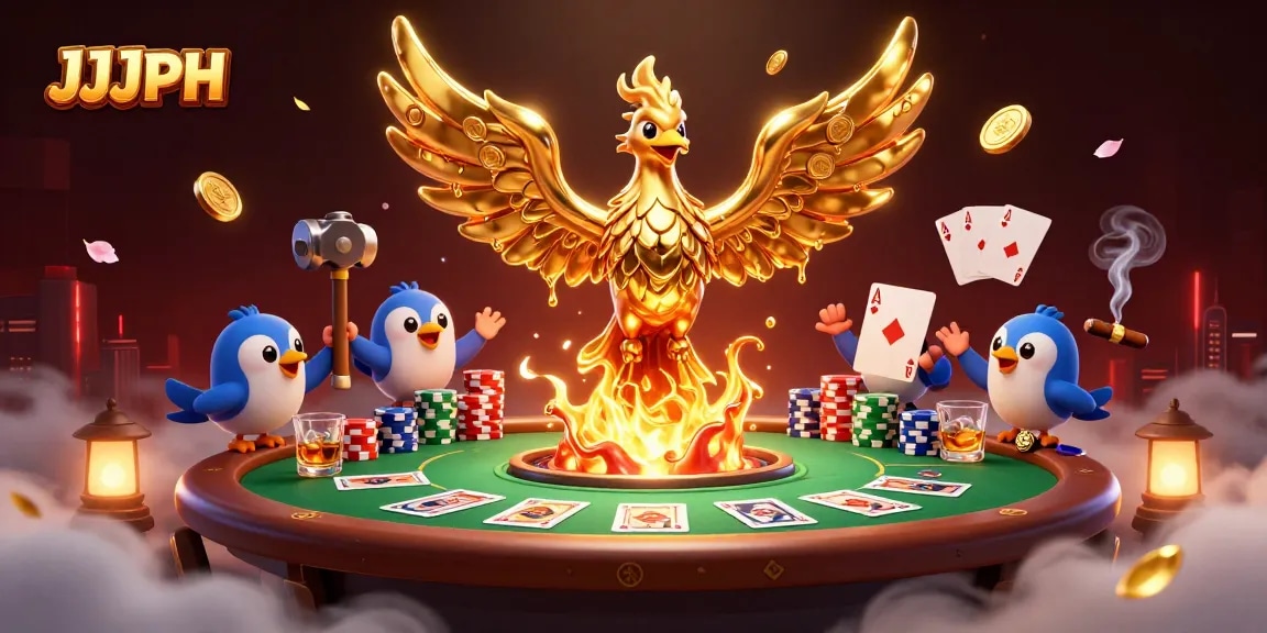 JJJPH showcases a golden phoenix amidst cascading gold coins and a lively poker scene.
