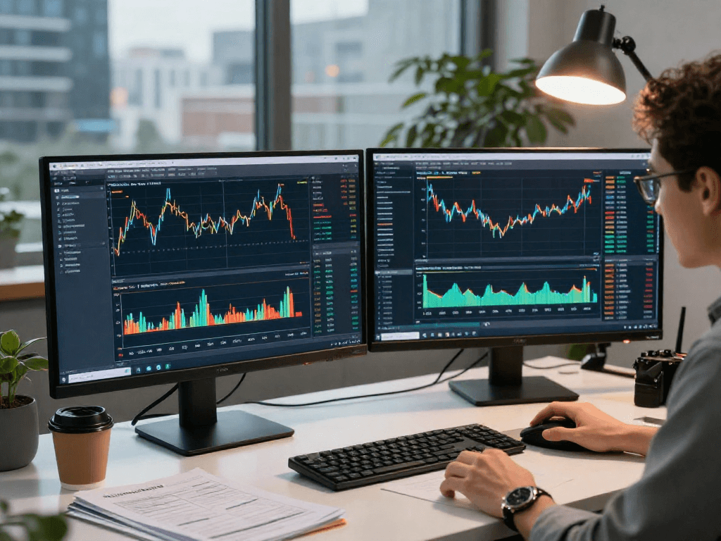 Escenario de trabajo moderno con un operador de Immediate Edge revisando análisis de mercado.