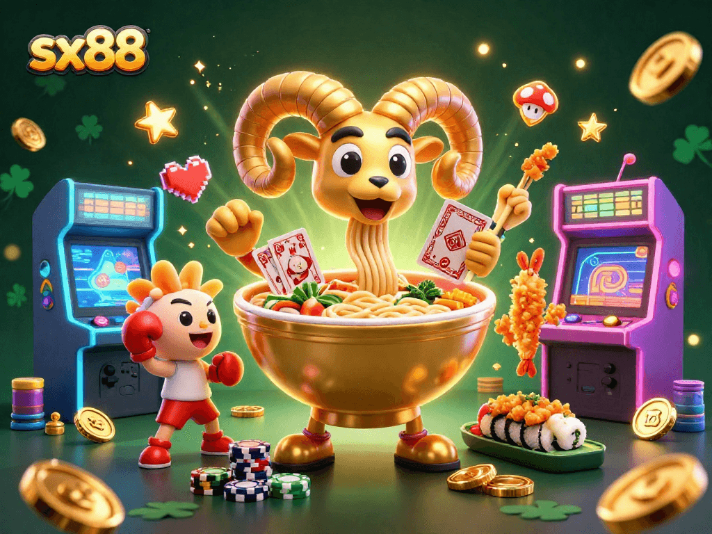 SX88's vibrant casino scene showcases characterful ramen bowl dealing cards amid lively gaming elements.