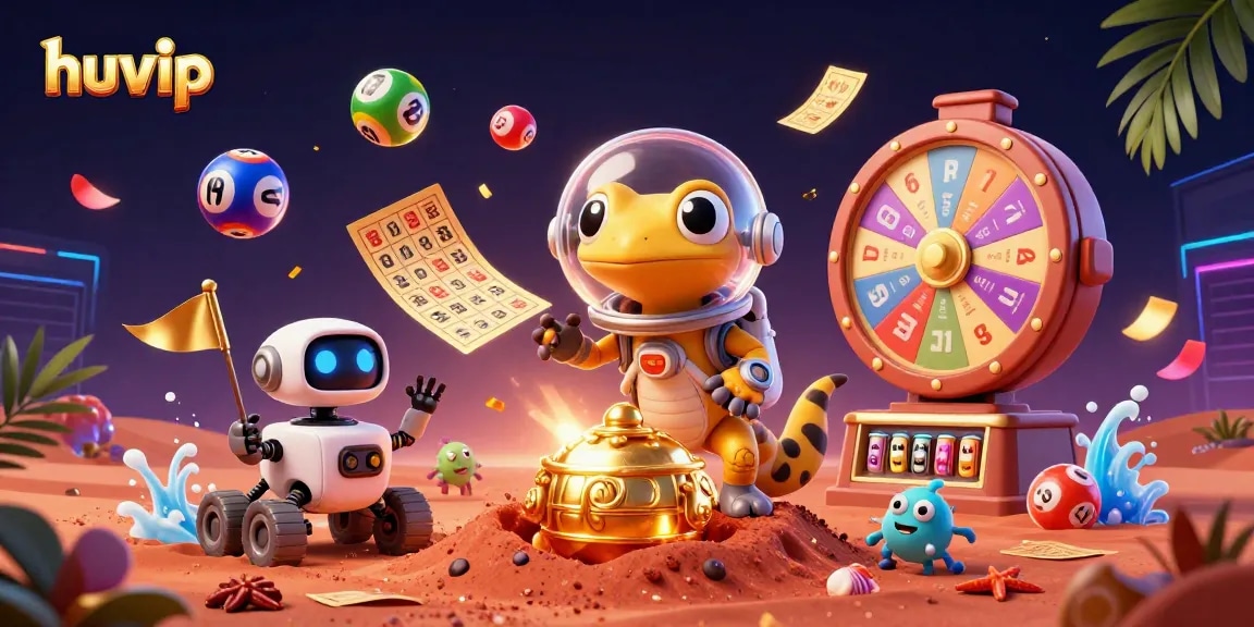 Exciting huvip casino adventure with a Martian gecko exploring a golden casino, surrounded by vibrant game symbols.