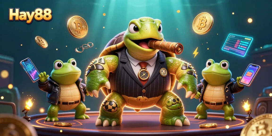 Engage in thrilling gaming adventures at Hay88 with 3D cartoon characters amidst neon crypto coins.