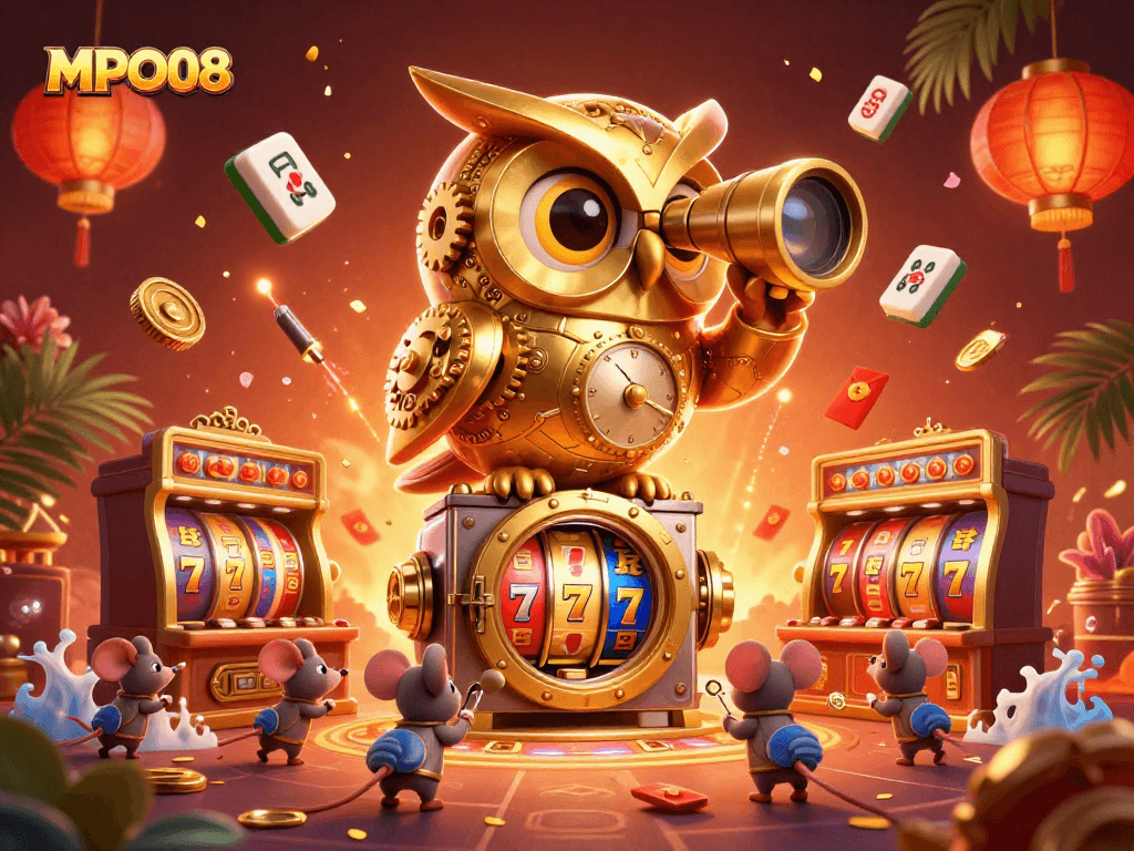 MPO08 offers a vibrant casino experience with animations of slot reels and a golden owl mascot.