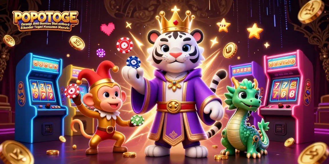 Engage with POPOTOGE Strategi Anti Boncos Slot online & Bandar Togel Konsisten Maxwin in a vibrant 3D illustration showcasing a lucky tiger and monkey.