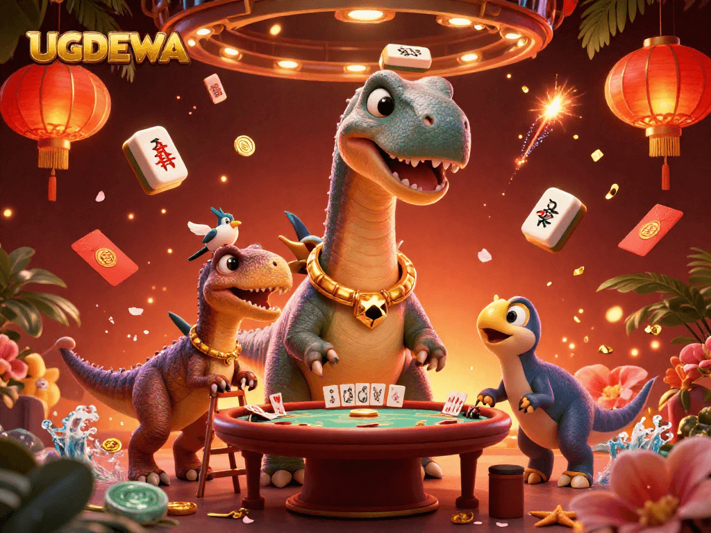 Participate in exciting games with UGDEWA at a vibrant casino featuring dinosaurs.