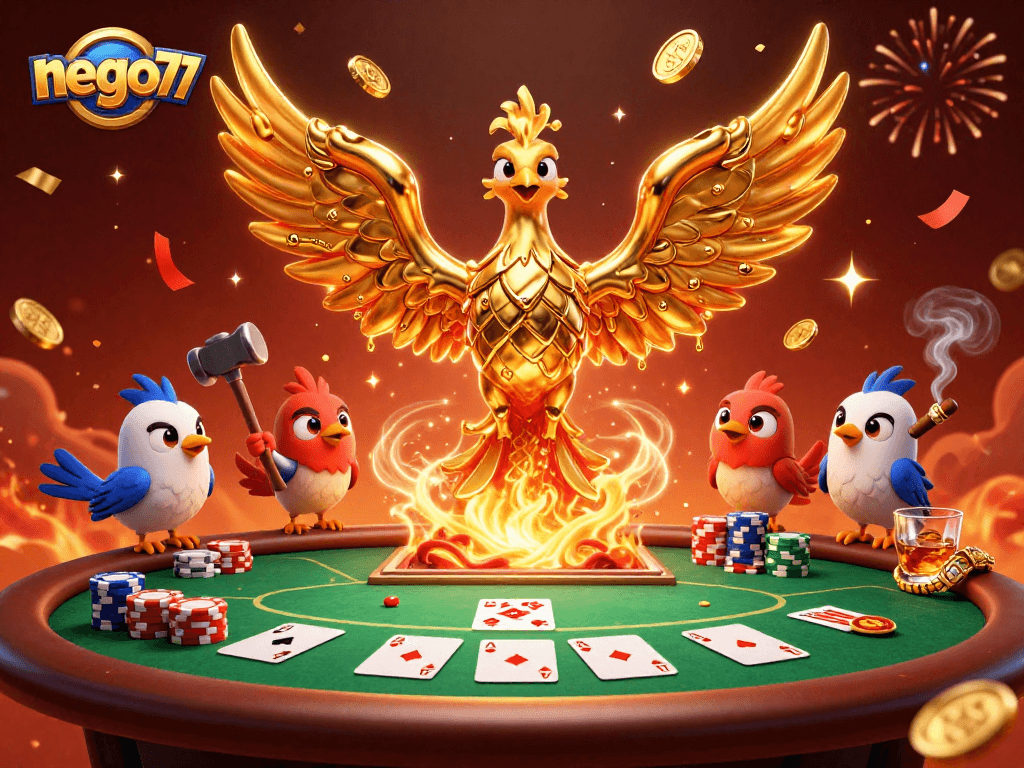 Experience thrilling poker action at nego77 with a stunning golden phoenix and poker elements.