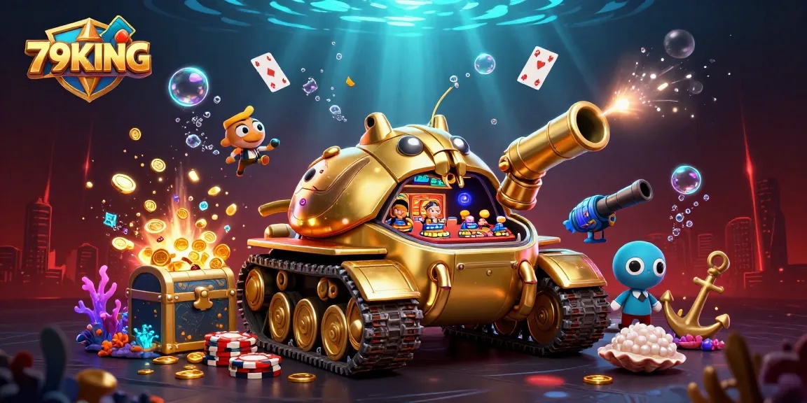 Engage with 79KING's vibrant casino scene in a 3D cartoon tank bursting with gold treasures and lively game elements.