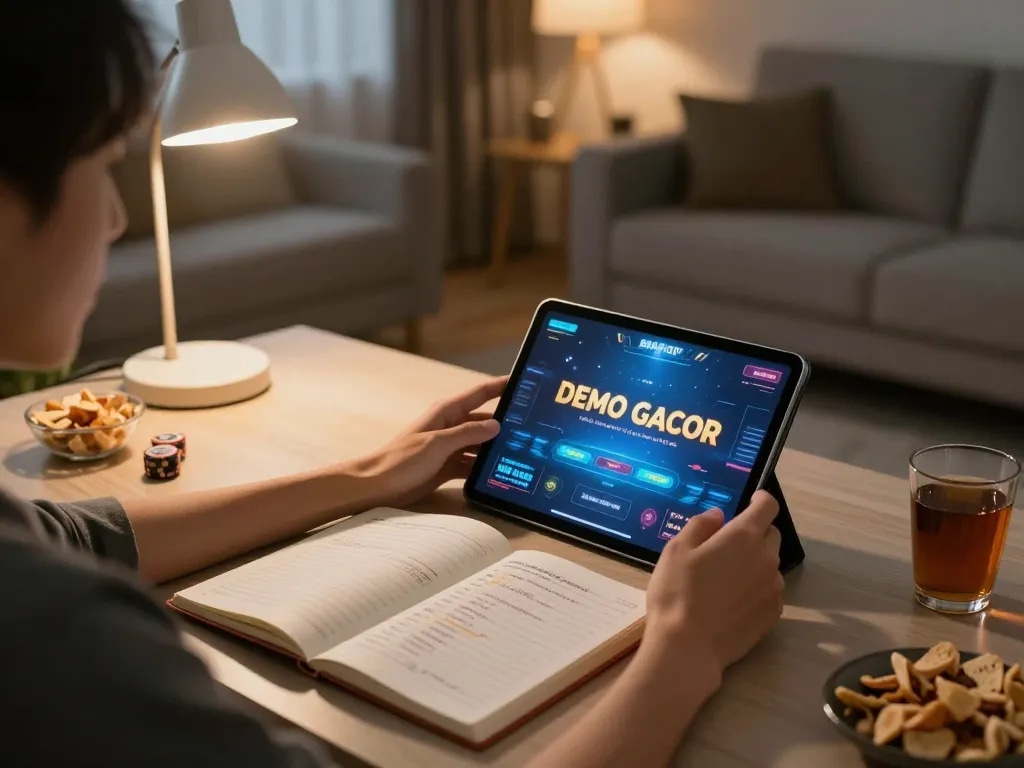 Person enjoying Demo Gacor slot game on tablet in cozy living room