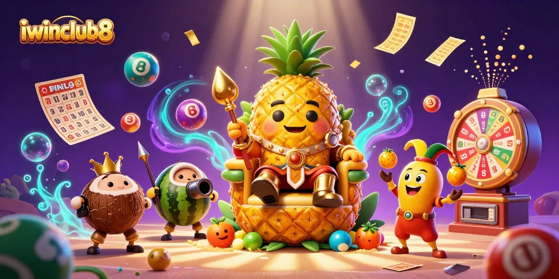 Engage in thrilling gaming with iwinclub8 surrounded by vibrant lottery elements and casino royalty.
