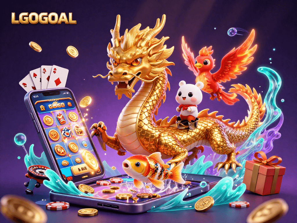 Experience the thrill of LGOGOAL slots with a dragon, phoenix, and koi fish illustration.
