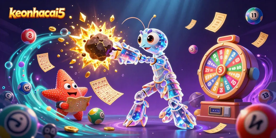 Experience the excitement of keonhacai5 with a samurai shrimp and vibrant lottery elements in this dynamic scene.