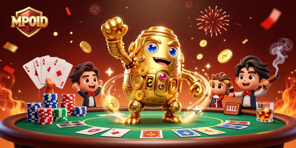 MPOID showcases a vibrant gaming scene with a golden golem and poker elements in an exciting casino atmosphere.