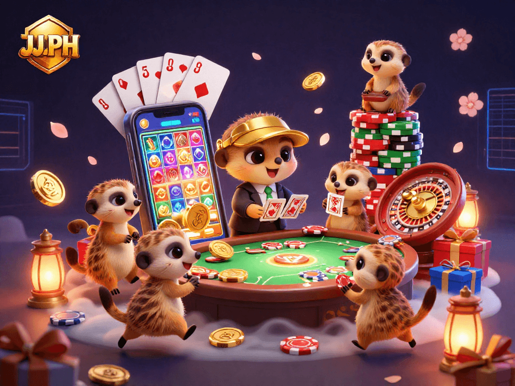 Experience the excitement of JJJPH with meerkats running a vibrant casino filled with games and coins.
