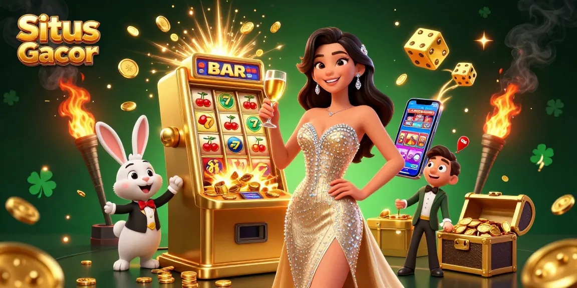 Engage with Situs Slot Gacor featuring a glamorous woman toasting beside a jackpot slot machine bursting with coins.