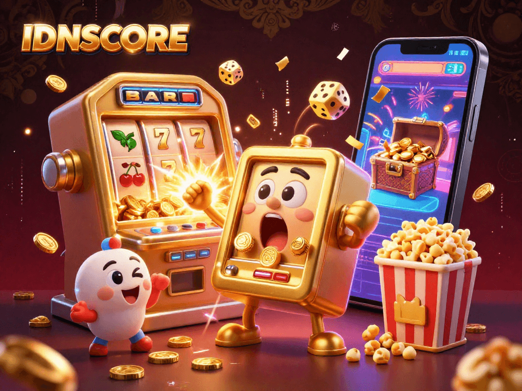 IDNSCORE slot machine hits jackpot, showering coins with tiny machines cheering.