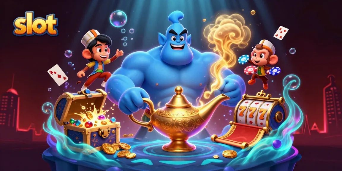 Engage with exciting slot games featuring a genie, monkey, and floating casino elements in vibrant underwater setting.