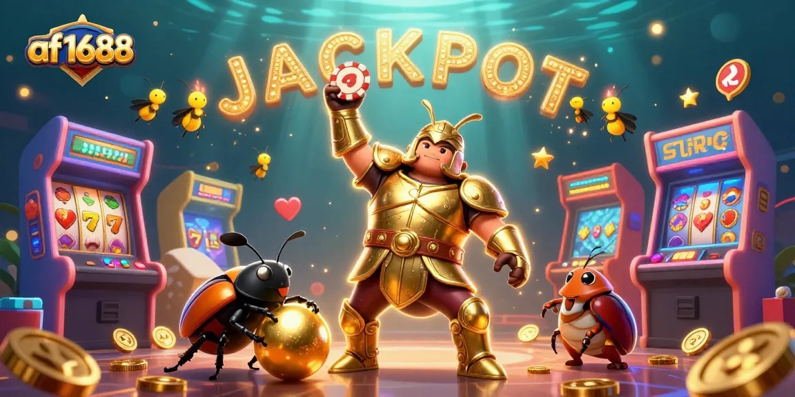 Experience the thrill of af1688 slots with a vibrant, dynamic 3D illustration featuring a hercules beetle champion.