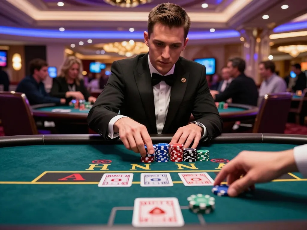 TR88 players engaging in strategic blackjack gameplay at upscale casino, showcasing tension and excitement.