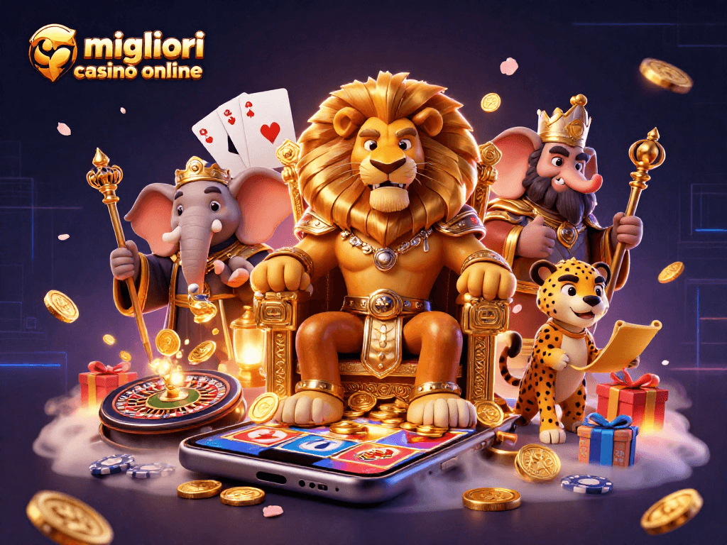 Scopri i migliori casinò online e le slot avvincenti in una scena vibrante e dettagliata.