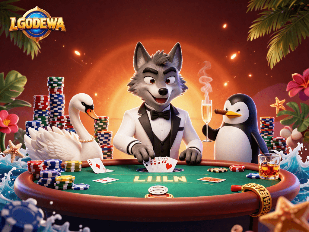 LGODEWA showcases an animated scene with a wolf, swan, and penguin at a lively poker table.
